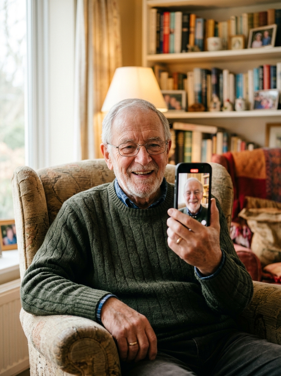 An elderly man recording a video tribute from his armchair