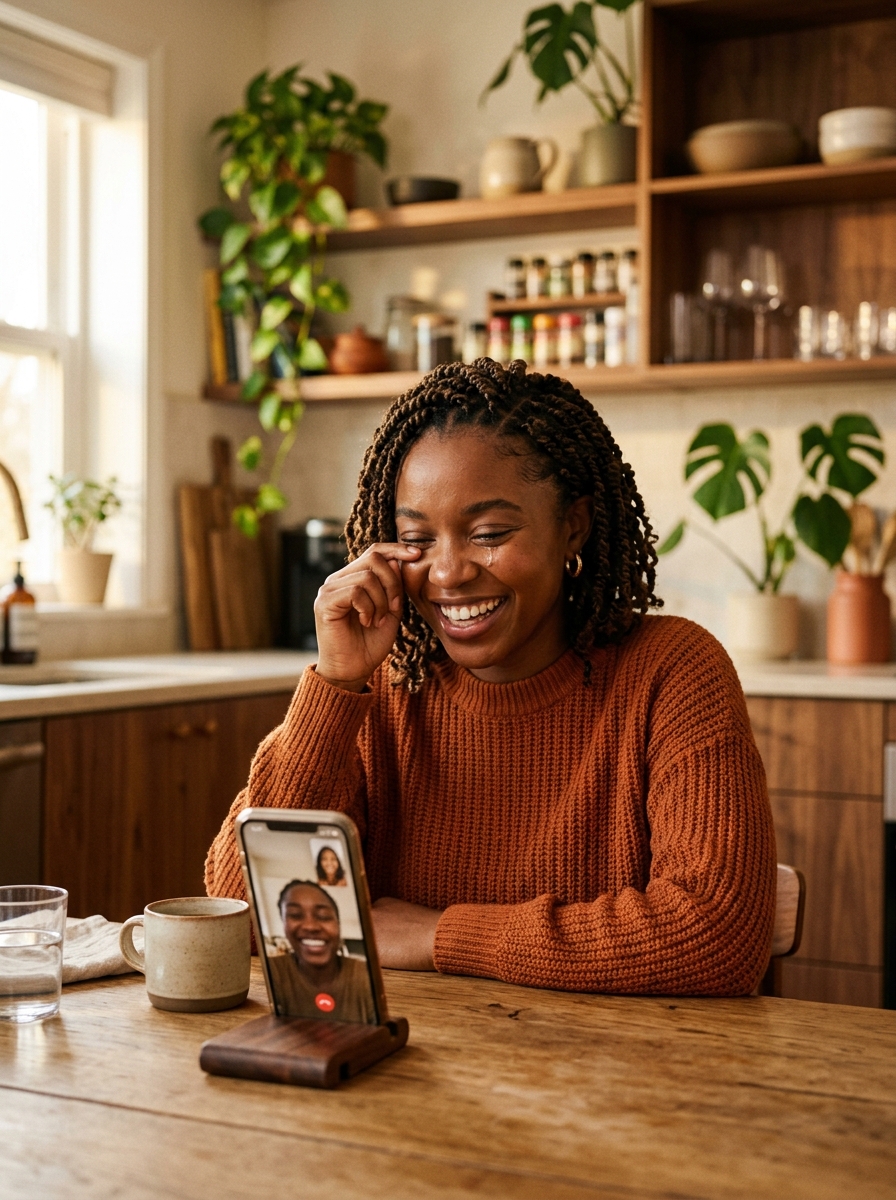 A young woman recording a tribute from her kitchen