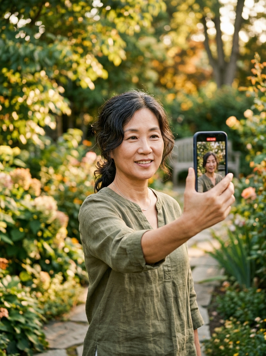 A woman recording a tribute from her garden
