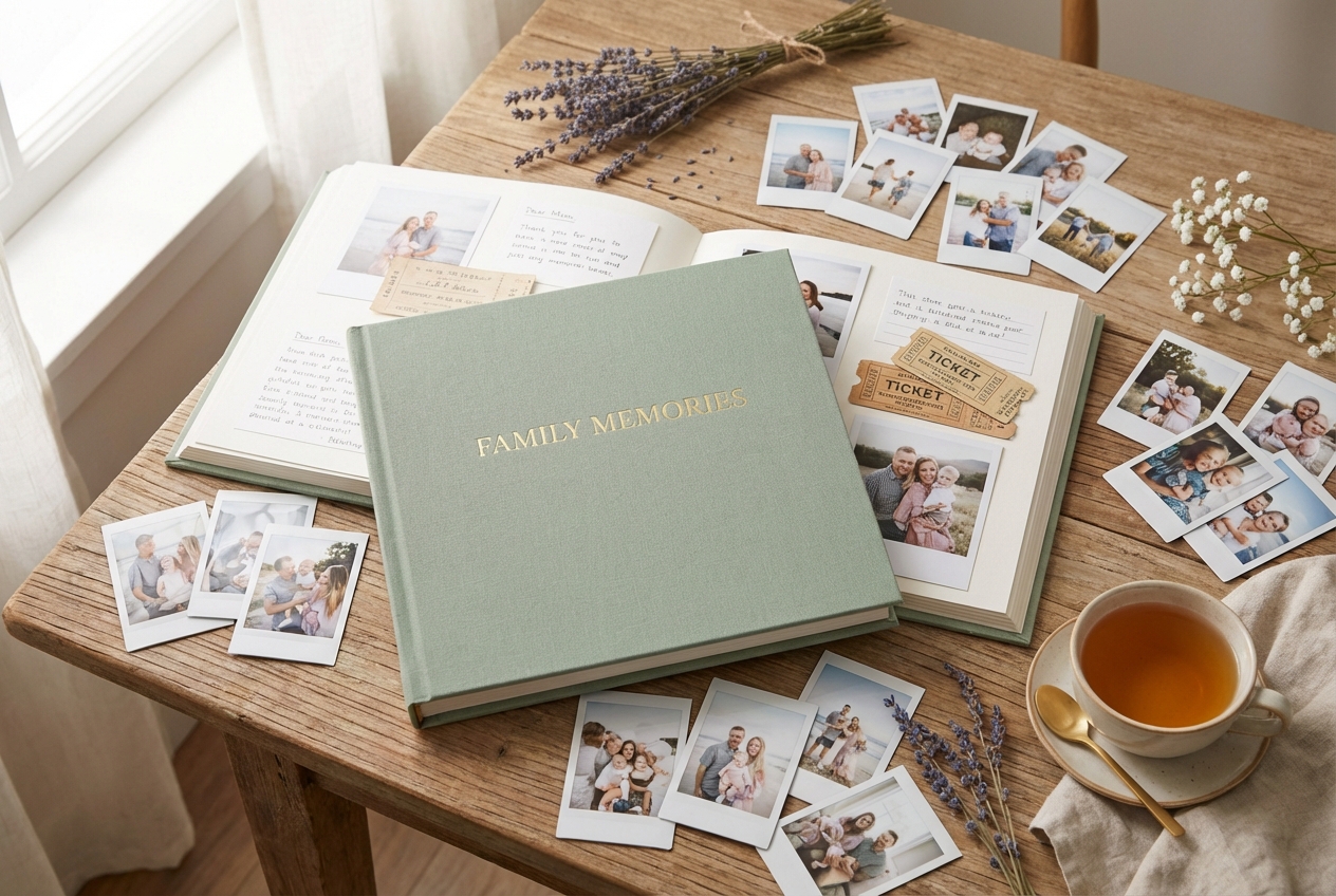 Family photo album with scattered photographs and dried flowers