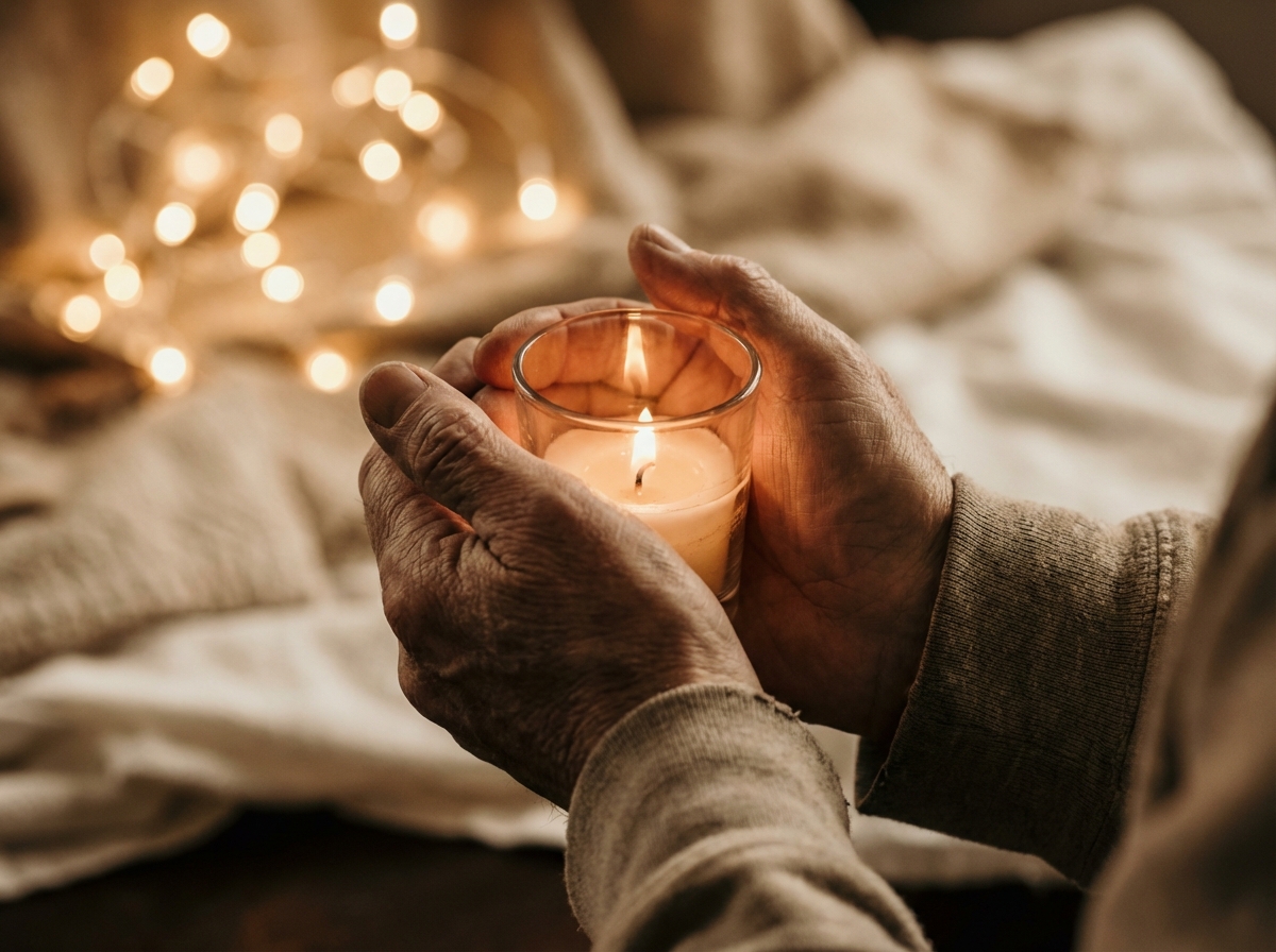 Hands holding a glowing candle
